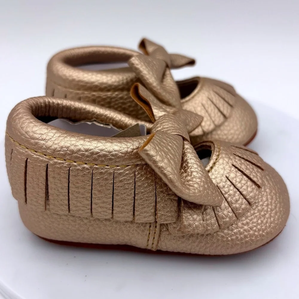 NEW Gold Baby Moccasin Shoe Bow Mary Jane Metallic Baby Soft Sole 0-6 Months